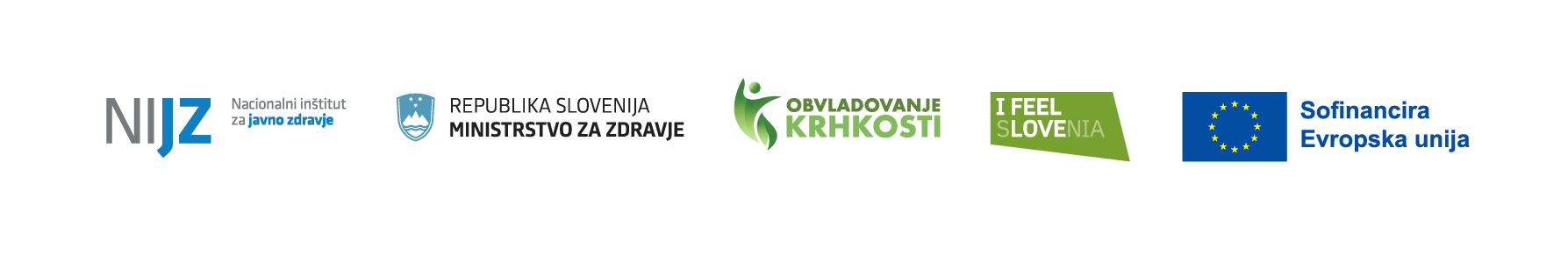 Pasica prikazuje logotipe NIJZ, Ministrstva za zdravje Republike Slovenije, projekta Obvladovanje krhkosti, znamke I feel Slovenia ter oznako Sofinancira Evropska unija.
